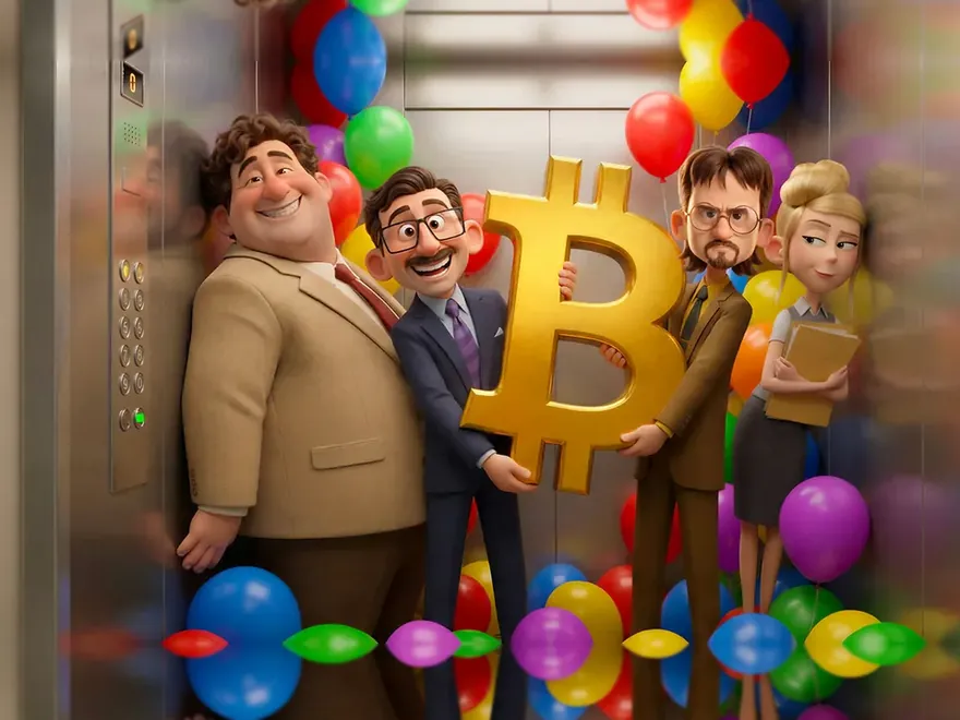 Staff riding the office elevator beside balloons and a golden bitcoin – crypto casino starter